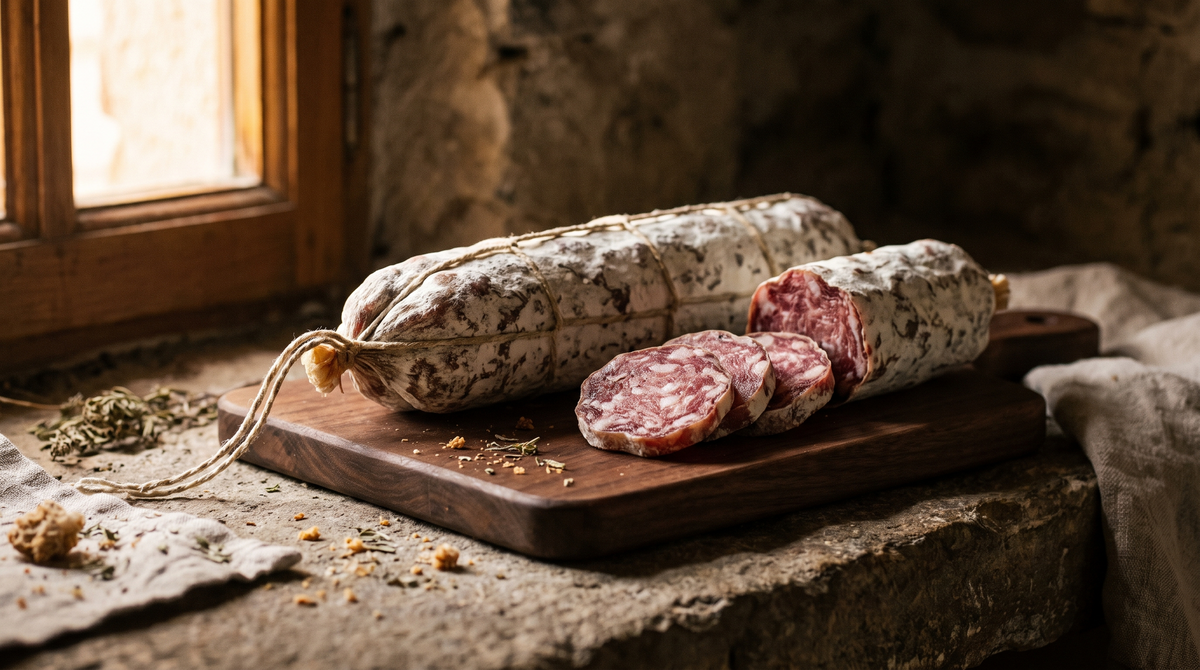 Saucisson sec artisanal avec sa fleur blanche naturelle en cave d'affinage