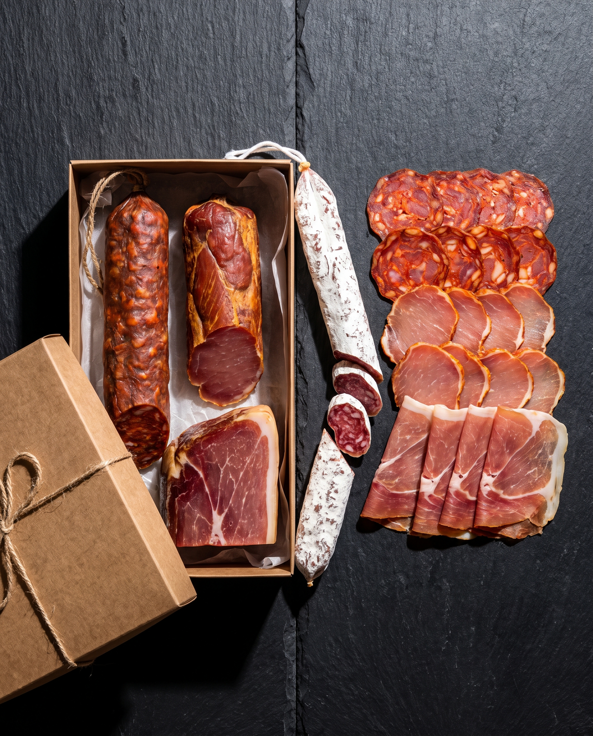Saucisson et saucisse sèche entiers et tranchés côte à côte
