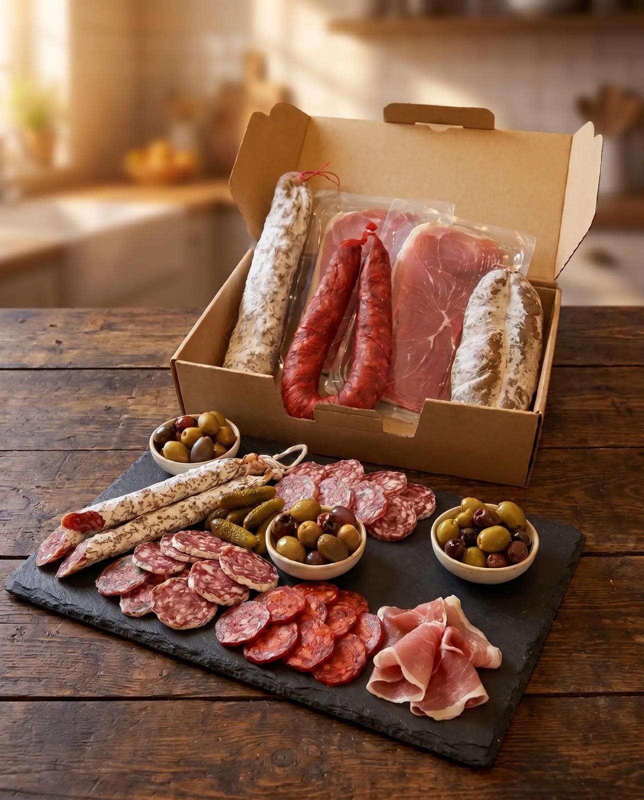 Box Apéro Caractère – Saucisson, Serrano IGP, Chorizo Fort IGP