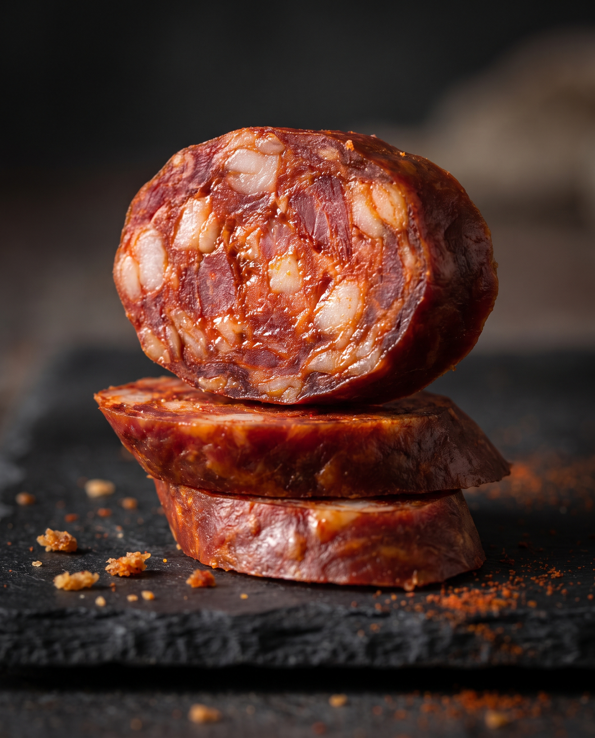 Tranches de chorizo IGP en gros plan