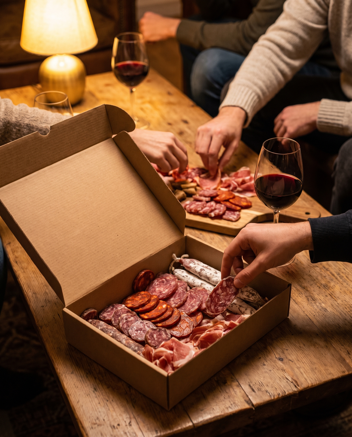 Soirée entre amis autour d'une planche de charcuterie et de vin