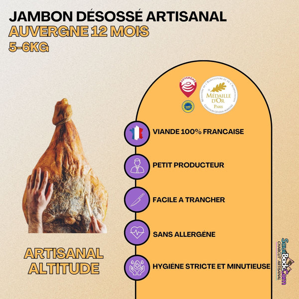 Jambon d'Auvergne Artisanal IGP 12-14 Mois Médaillé +7kg