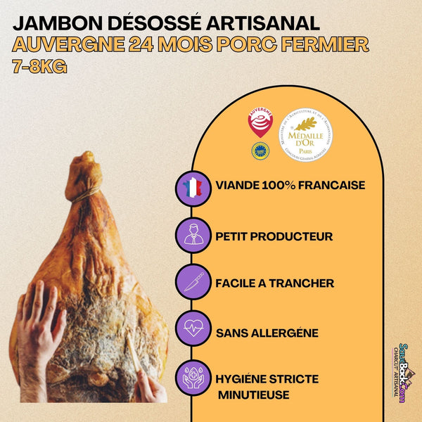 Jambon d'Auvergne Artisanal IGP 18-24 Mois Médaillé Porc Fermier +8kg