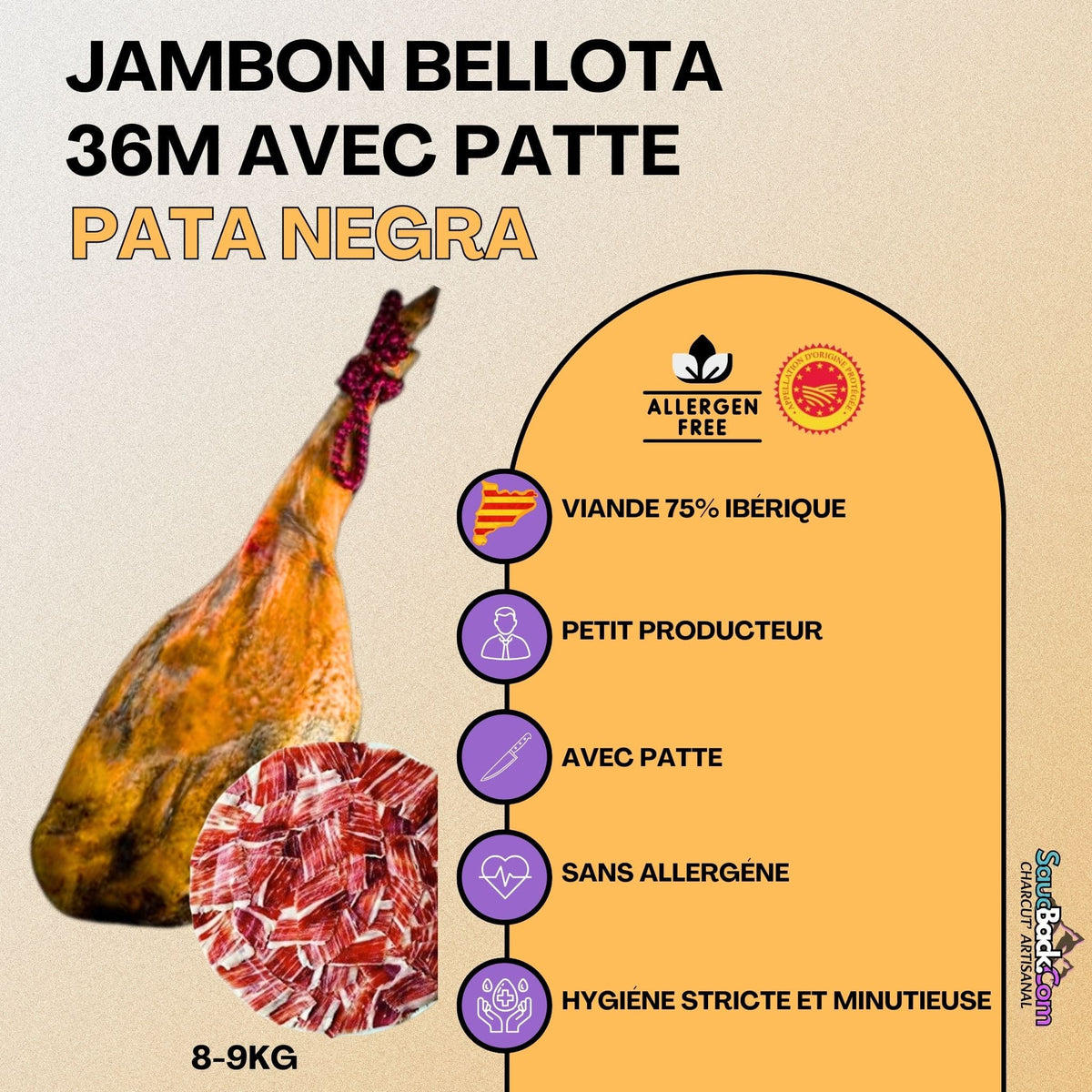 Jambon Bellota 36 Mois Pata Negra Ibérique AOP +9kg