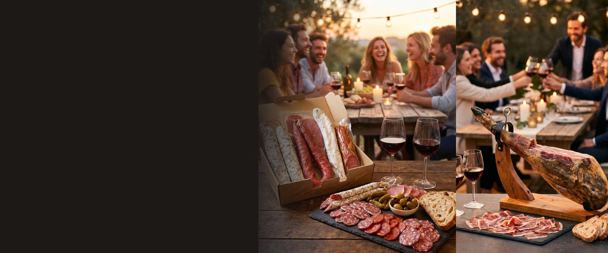 Box apéro SaucBack avec saucissons, chorizo et jambon servie entre amis