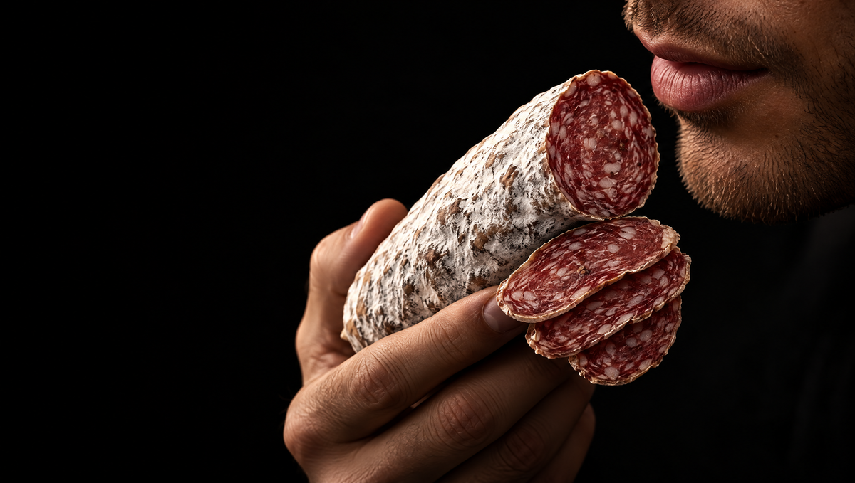 Saucisson sec artisanal fait main dans le Massif central, tenu en main – SaucBack